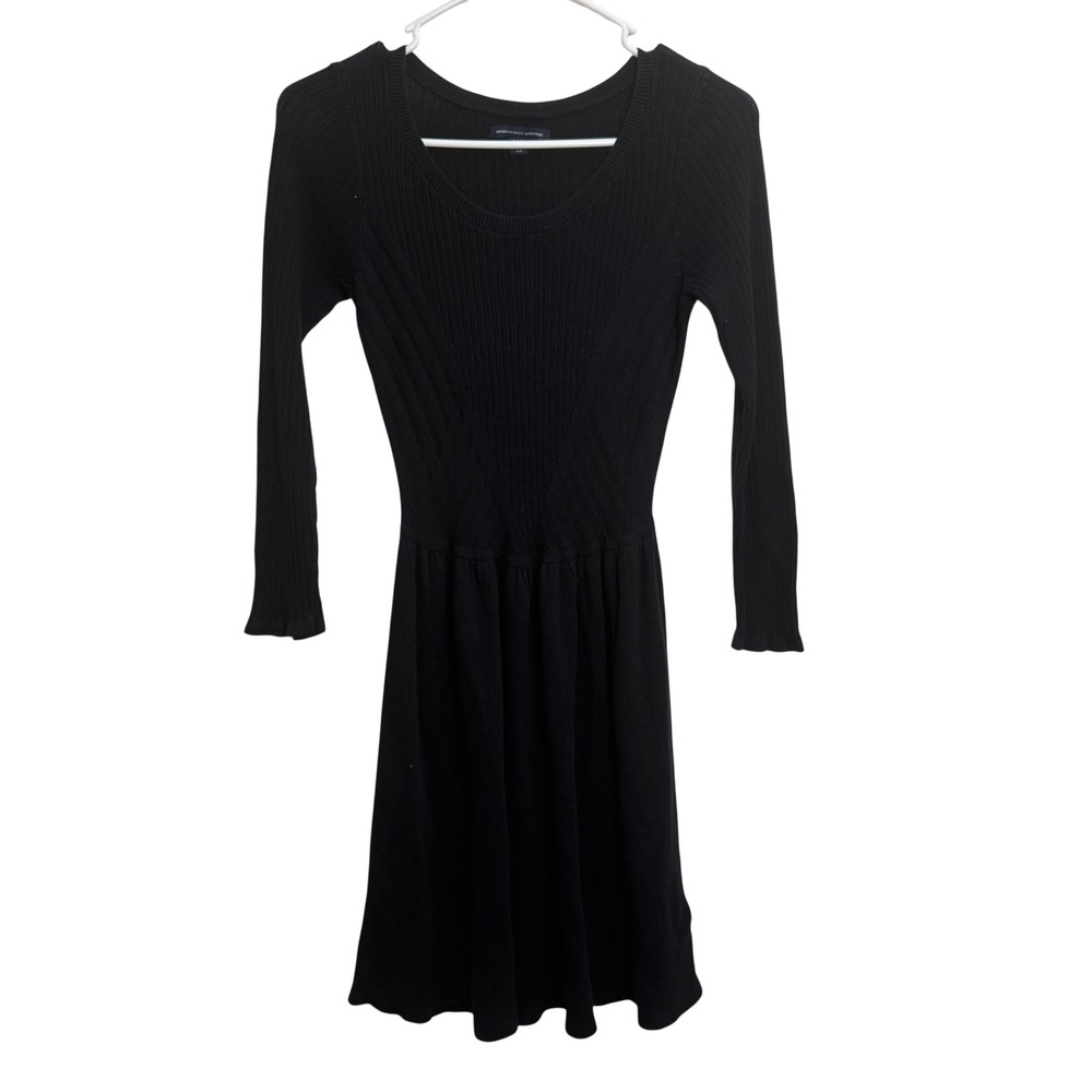 American Eagle Womens Small Black Ribbed Long Sleeve Fit and Flare SweaterDress